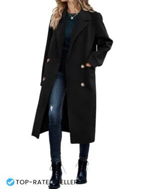 Womens Double Breasted Pea Coat Long Trench Coat Work Overcoat